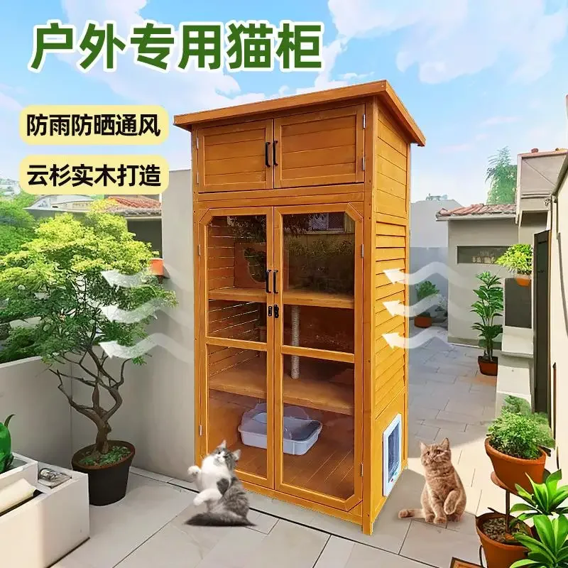 

Открытый шкаф для кошек из цельного дерева, кошачий домик, защита от дождя и солнца, роскошная вилла для кошек во дворе, зимняя теплая внутренняя и наружная бродяга