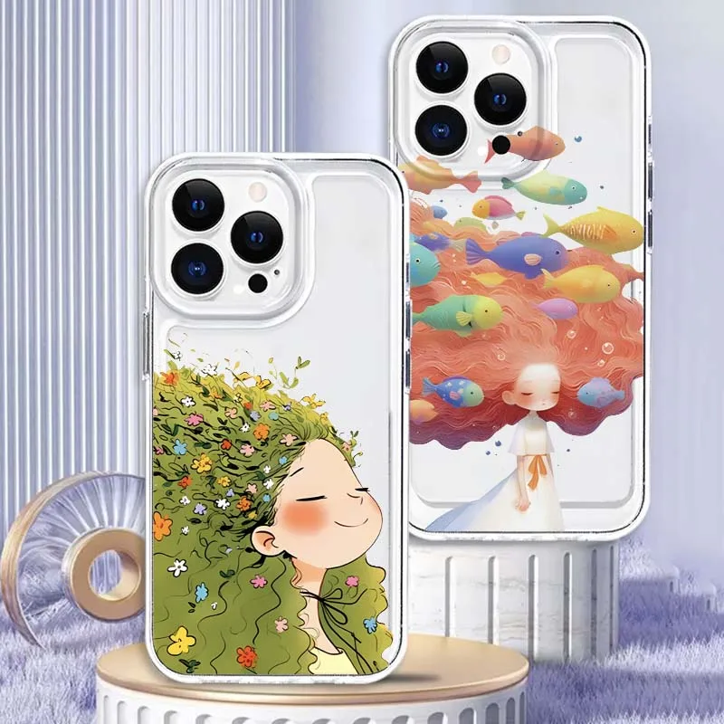 

Cartoon Cute Girl Anime Phone Case For Apple iPhone 17 16e 16 15 14 13 12 11 Pro Max Plus Mini TPU Soft Transparent