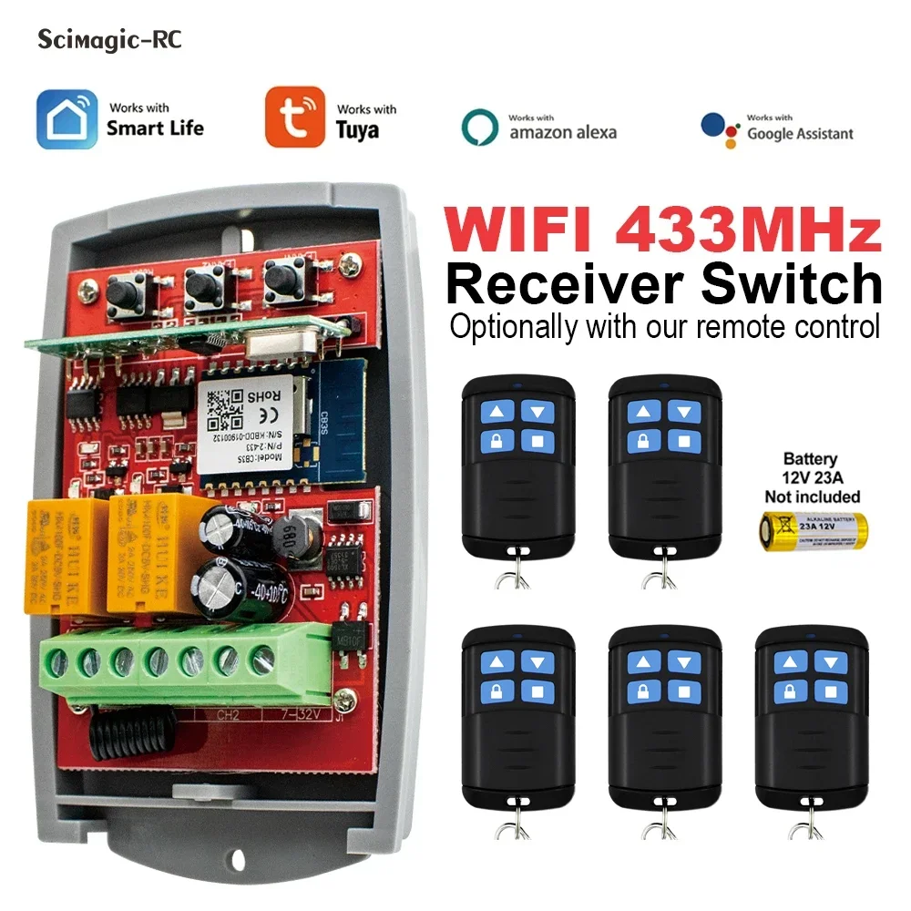 

WiFi Smart Garage Door Opener Tuya 433MHz Receiver 2CH 12V 24V 220V Remote Control Switch for Gate Motor