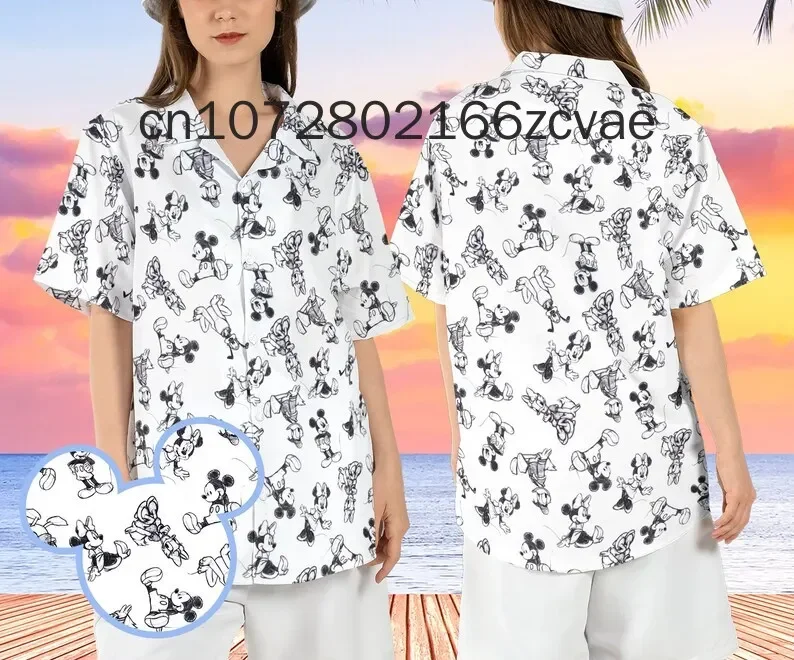 Chemise hawaïenne bohème pour hommes et femmes, chemise de plage, tureMouse, château magique, Disney, Minnie