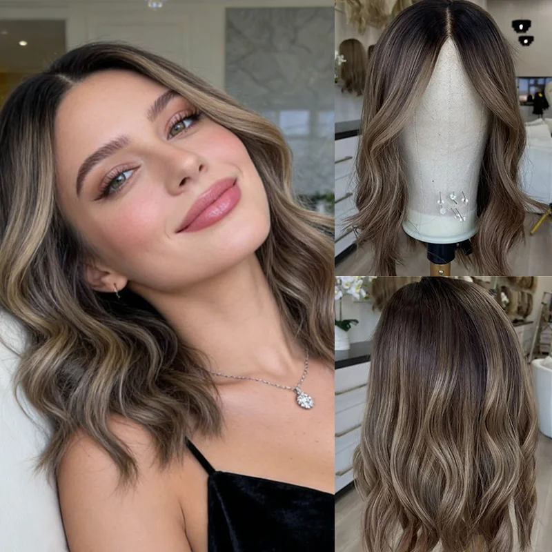 

Fashion Wig Dark chocolate Brown with Blonde Highlights Short Bob Women Girls Ladies Lace Wigs Soft Natural Easy to WEar Party