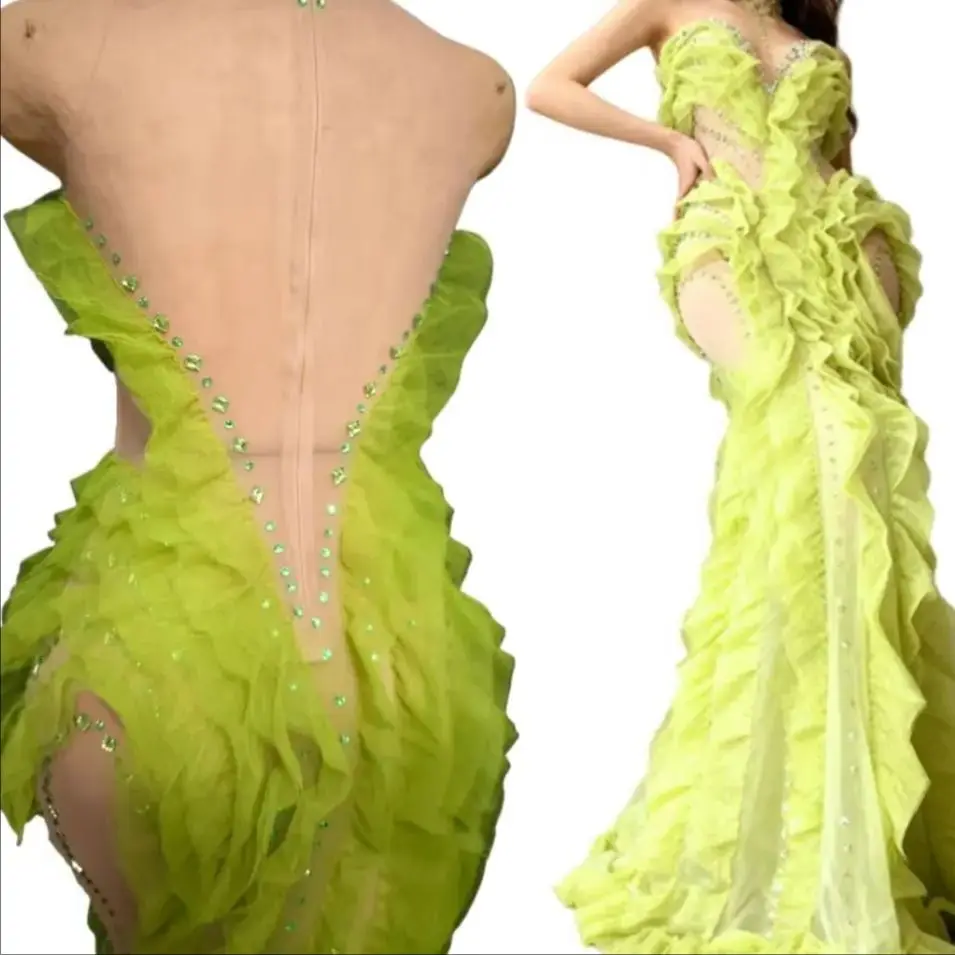 

High-end Elegant Green Evening Dress Sparkly Rhinestone Pleated Long Dress See Through Mesh Outfit Sexy Women Couture Shengcai
