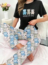 Cartoon Bear Slogan Print Women Pajamas Set Round Neck Short Sleeve Top Elastic Pants Ladies Sleepwear Loungewear Set