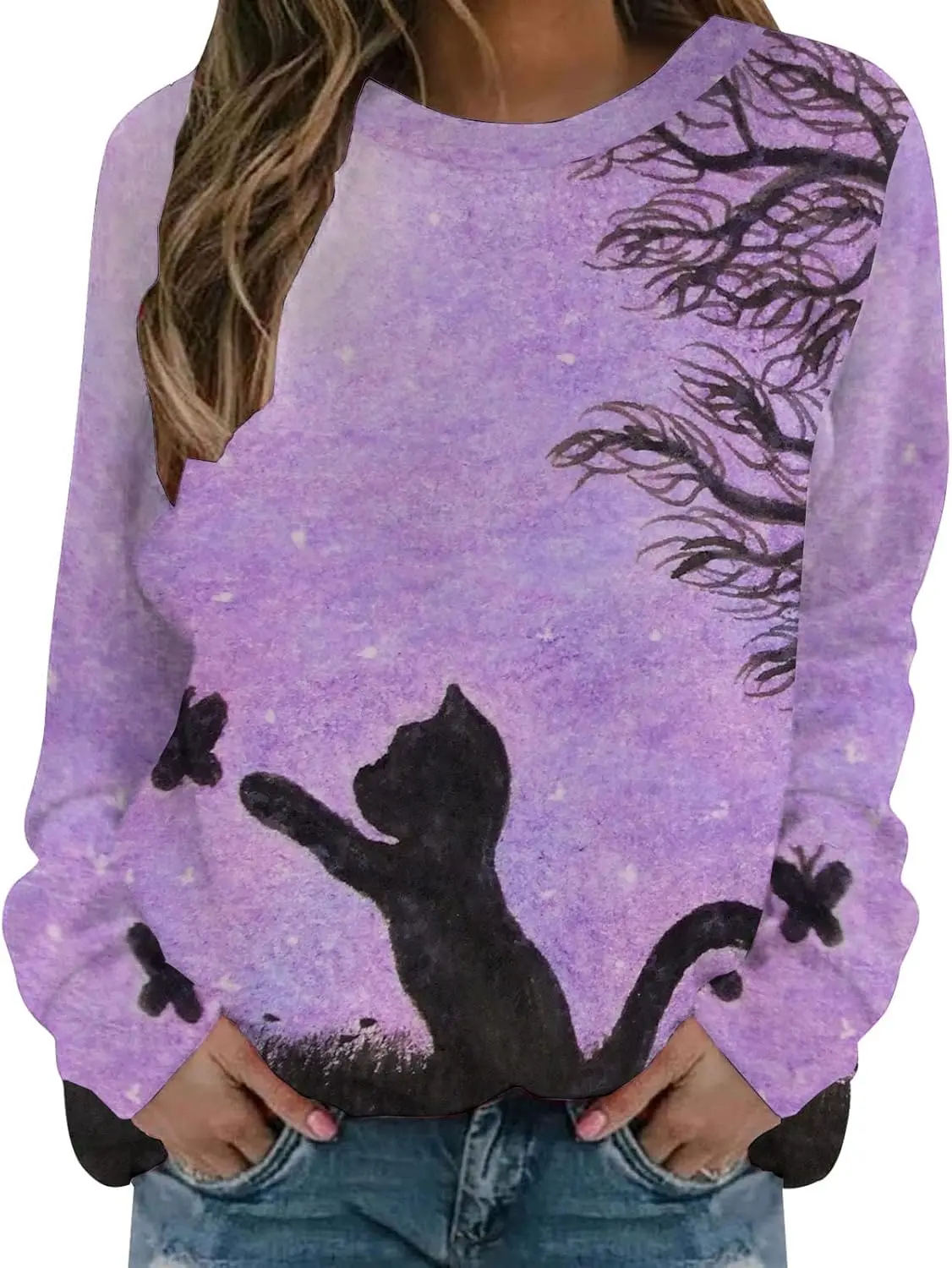 

Womens Sweatshirt Cute Funny 3D Animal Printed Pullover Sweatshirts Crewneck Long Sleeve Cats T Shirt Tops Purple