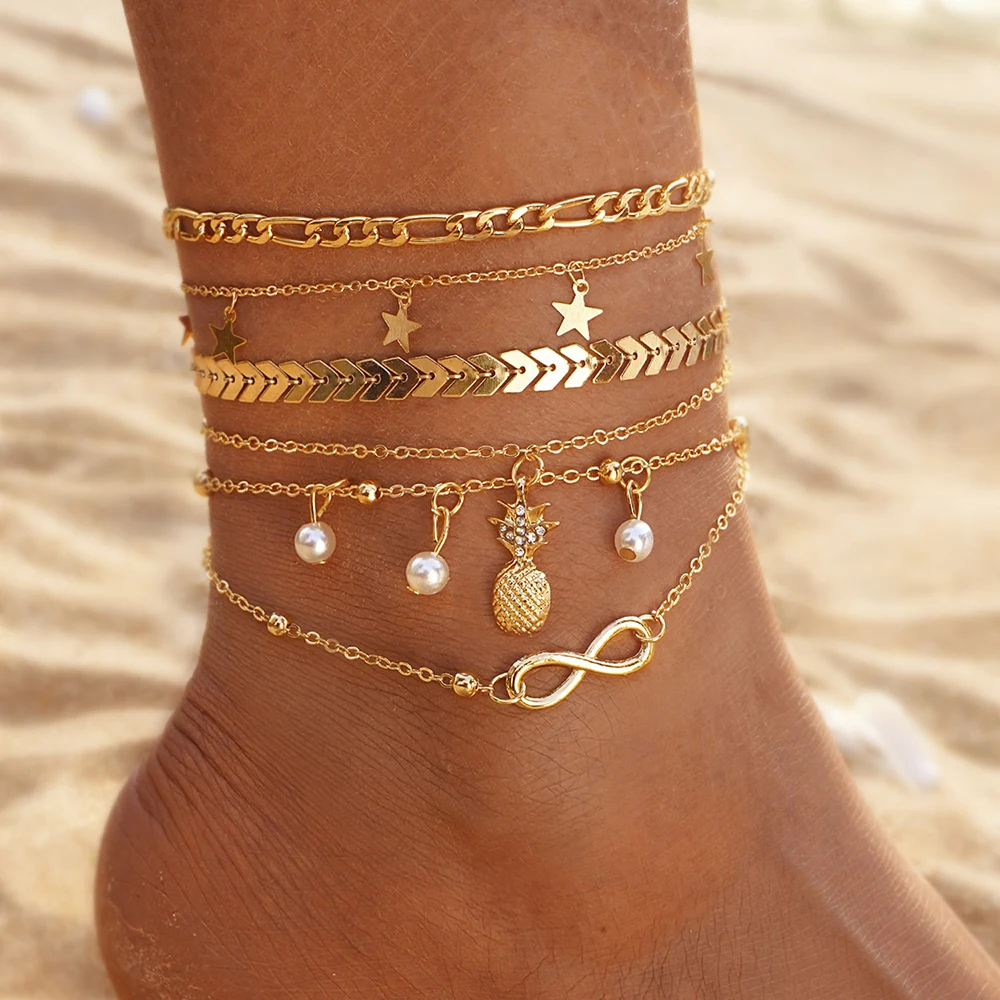 Bohemian Pineapple Star Anklets For Women Barefoot Crochet Sandals Foot Jewelry On Foot Ankle Bracelets Summer Beach Leg Chain