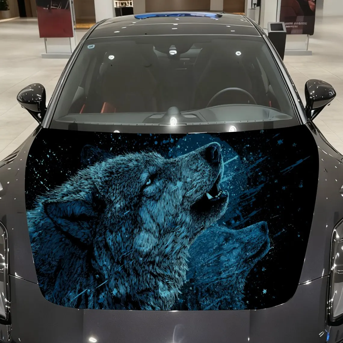 Car Decals A Wolf Pair In Blue Abstract Scene Close - Up With Textured Fur And Artistic Visual Depth Car Hood Sticker, Waterproo
