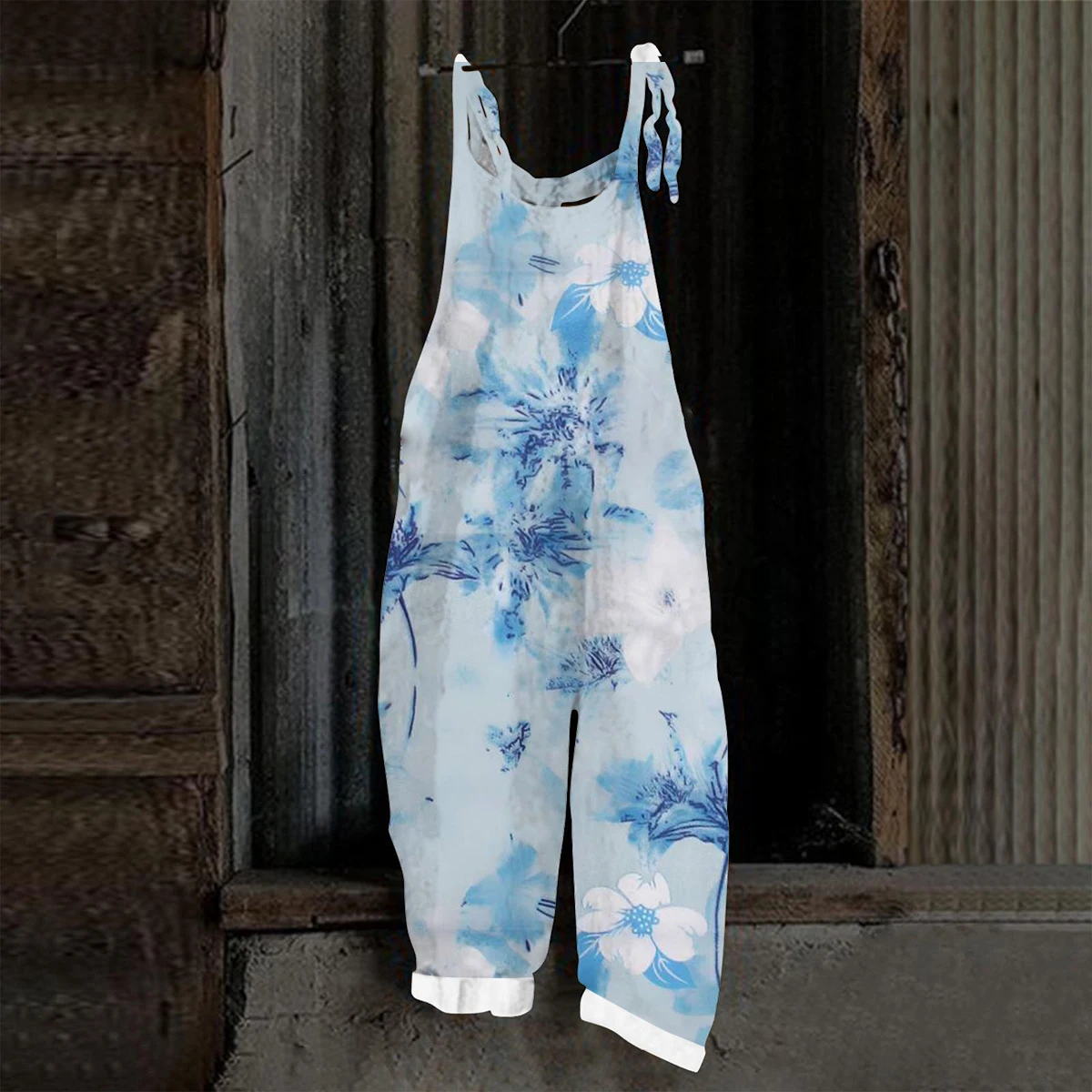 Women Floral Print Sleeveless Jumpsuit Orange Daisy Print Casual Loose Wide Leg Overalls Vintage Linen Look One Piece Pants Stre