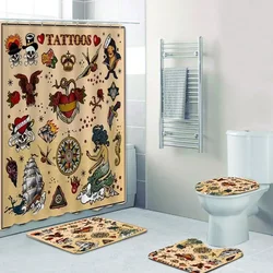 Old School Tattoo Art Shower Curtain Set for Bathroom Vintage Punk Skull Anchor Dagger  Curtains Rug Mat Halloween Decor