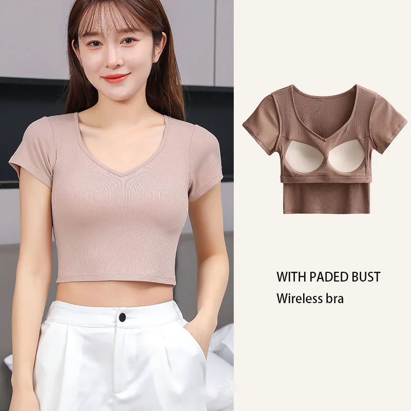 

Женская футболка в рубчик, короткий топ с коротким рукавом и бюстгальтером без косточек с подкладкой, сексуальная эластичная женская верхняя одежда с V-образным вырезом, C5815