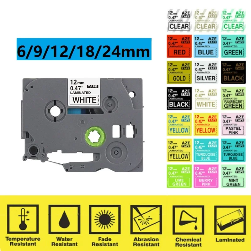 6/9/12/18/24mm Label Tape Compatible for TZe Label Tape 12mm for Brother Ptouch Label Maker E110 D600 H110 E550W E1000pro Tape