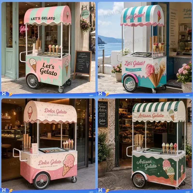 Stainless Steel Mobile Ice Cream Cart Vintage Food Trolley with Tarp Top for Beach Park Street Vendor Commercial Use