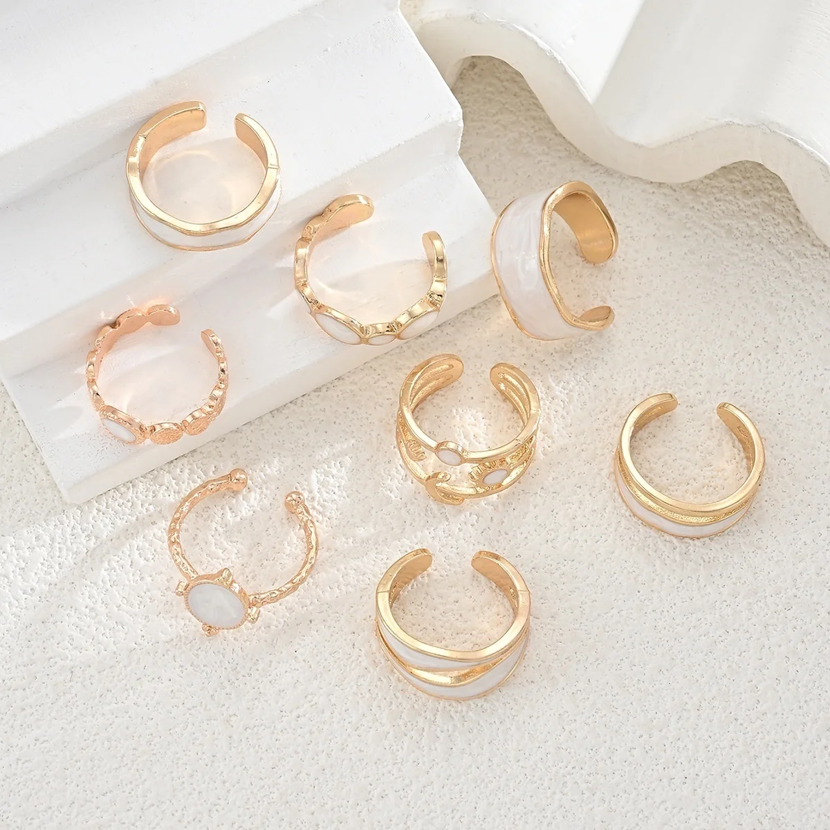 Vintage-Set mit unregelmäßigen, barocken, imitierten Perlen-Fingerringen für Damen und Herren, trendiger weißer, geometrischer Ring mit Emaille, Punk-Schmuck – Detail 19