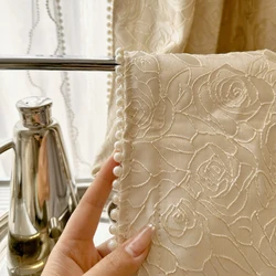 French Romantic Light Luxury Retro Gentle Cream Embossed Rose Pearl Lace Designer Villa Curtains for Living Dining Room Bedroom