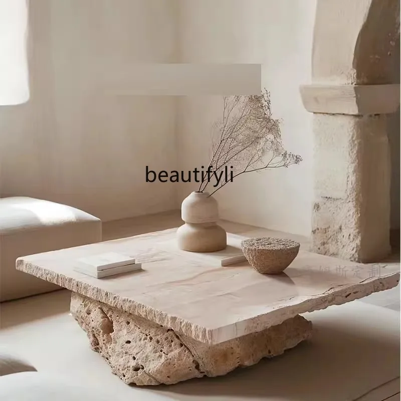 

Natural travertine, square coffee table, simple retro art, stone table