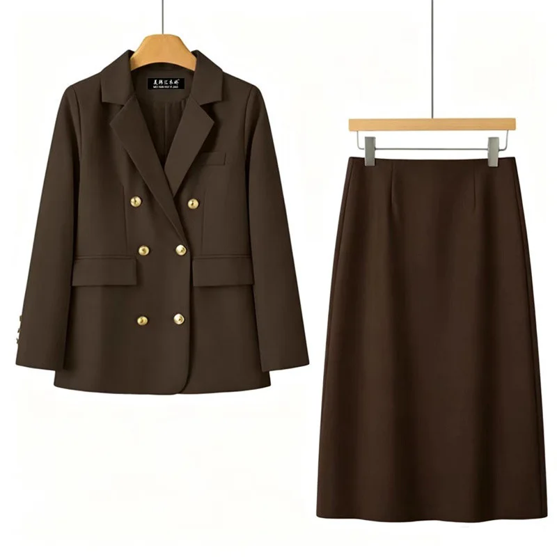 2026 Fashion Spring Autumn Two-piece Suit Women's Casual Office Sets Double-breasted Blazers Coat Sheath Skirts 2-piece Sets