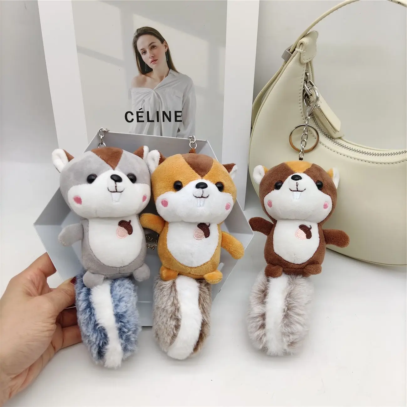 Cute Animal Plush Keychain Cartoon Squirrel Doll Pendant Car Key Chain School Bag Pendant Accessories Stuffed Toy Keyring Kawaii