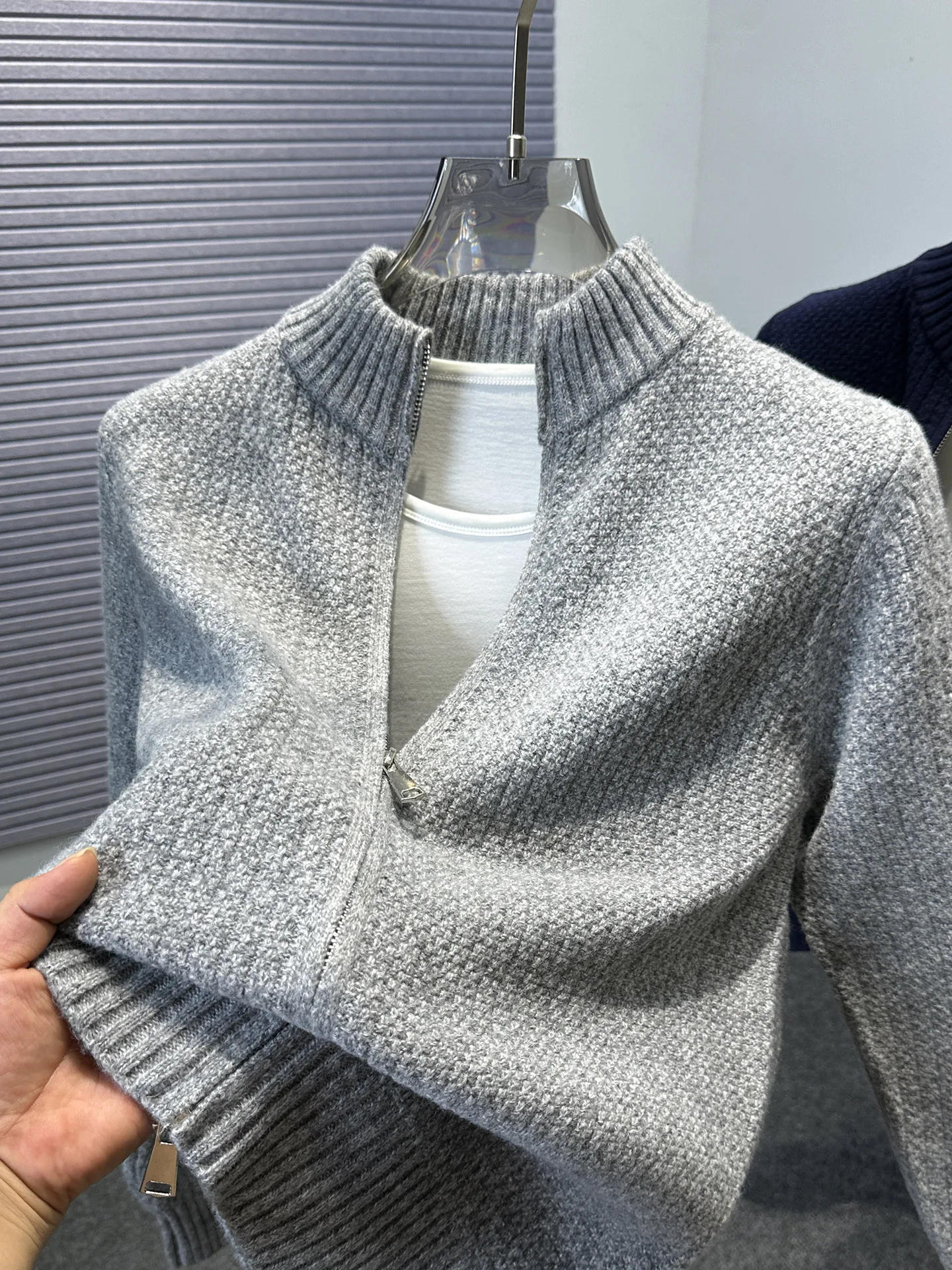 

High-End Zipper Cardigan Men's Knitted Sweater Casual Autumn Winter Thiened Outerwear Pure Color Stand Collar Jaet