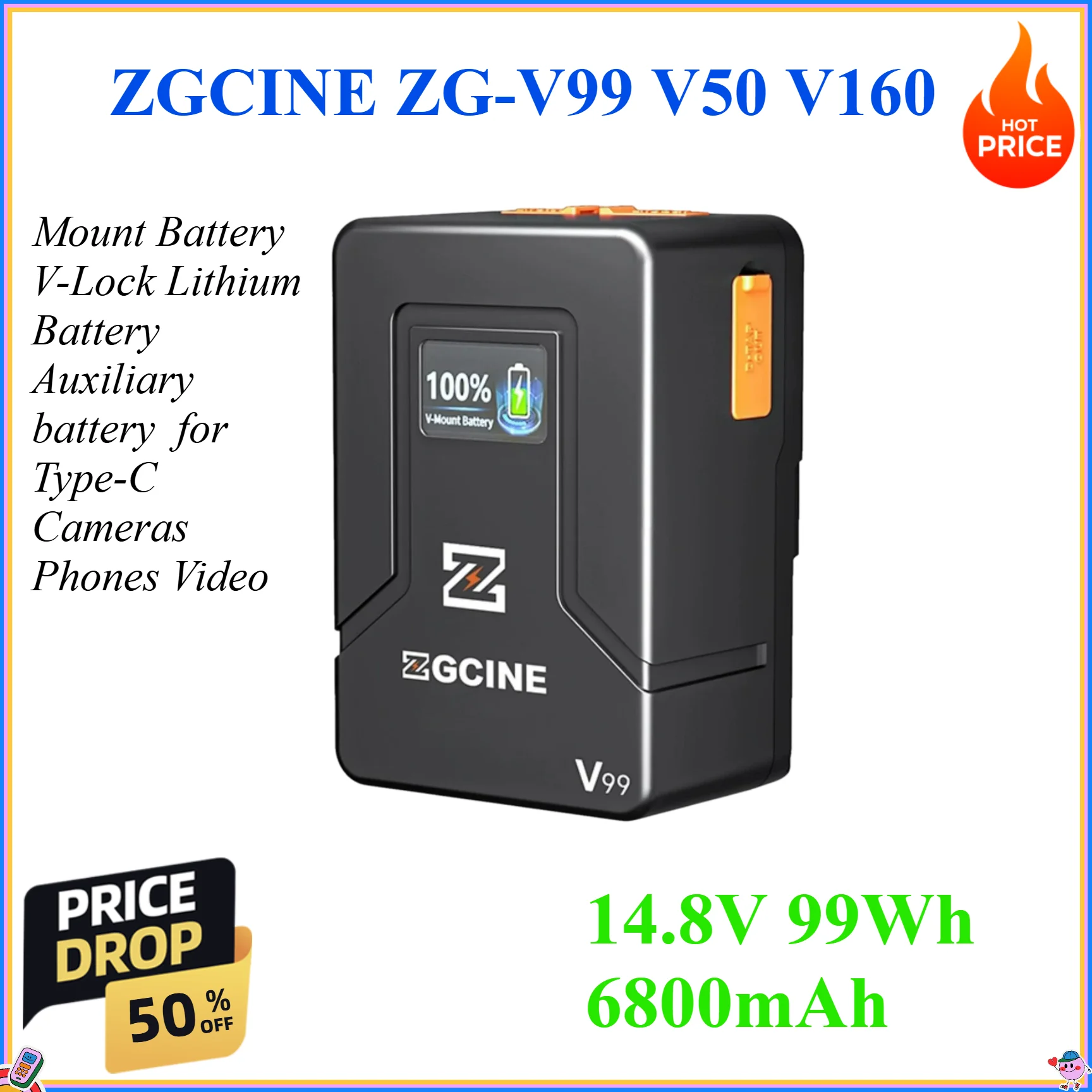 6800mAh 99Wh ZGCINE ZG-V99 V50 V160 Mount Battery V-Lock Lithium Battery Auxiliary battery 파워뱅크 for Type-C Cameras Phones Video
