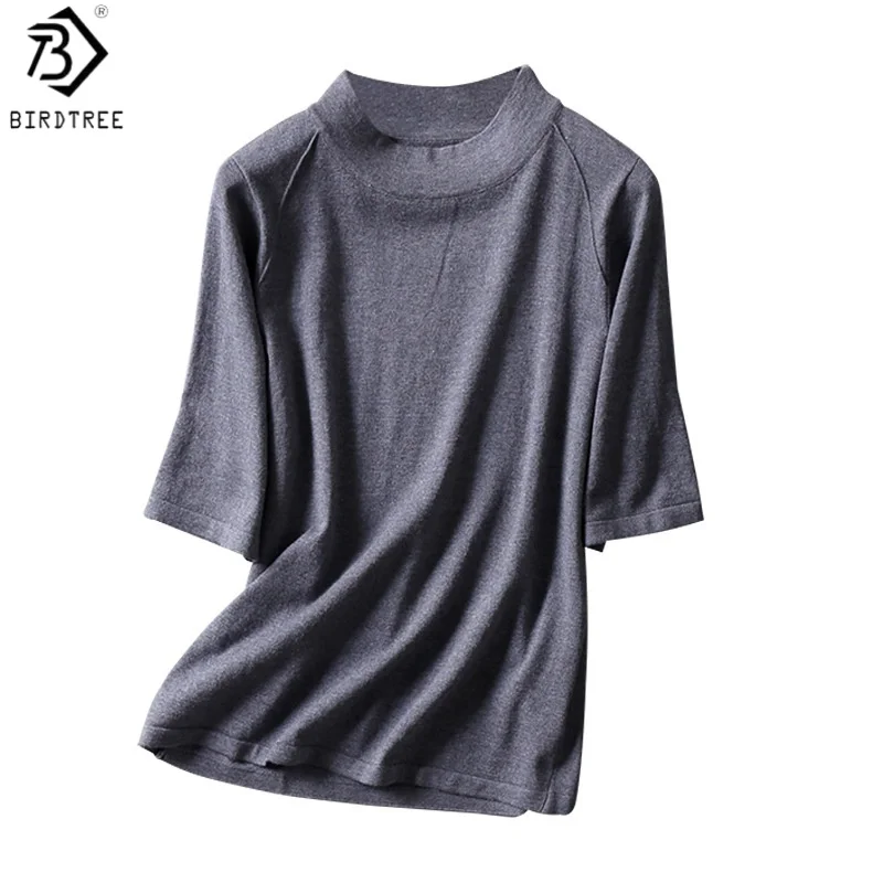 Birdtree, 85% Silk 15% Cashmere Blouse, O-neck Short Sleeve Shirt, Women Knitted Warmth Undershirt, 2026 Winter New T69030JF