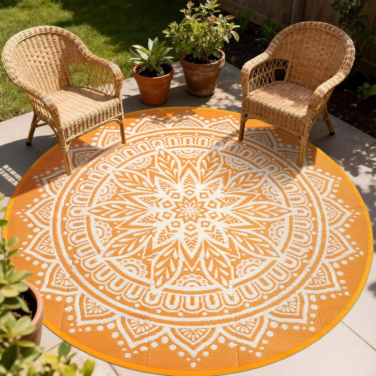 

Round Outdoor Rugs Waterproof 8Ft, Outside Reversible Mats, Portable Plastic Straw Rug, Lightweight RV Camping Mat Floor Carp