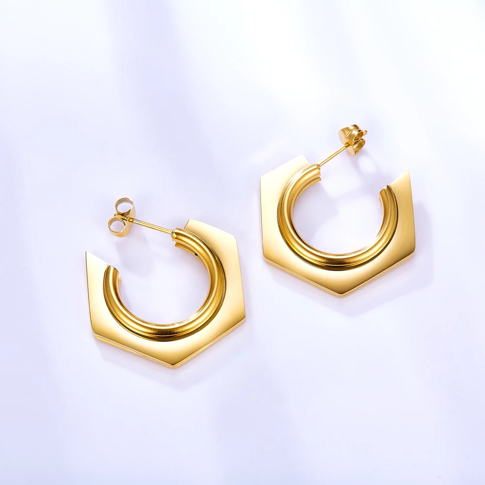 LUXUKISSKIDS Korean Elegant 5 Angle Geometric Hollow Out Earrings Boho Stainless Steel C Shape Simple Office Lady Earrings