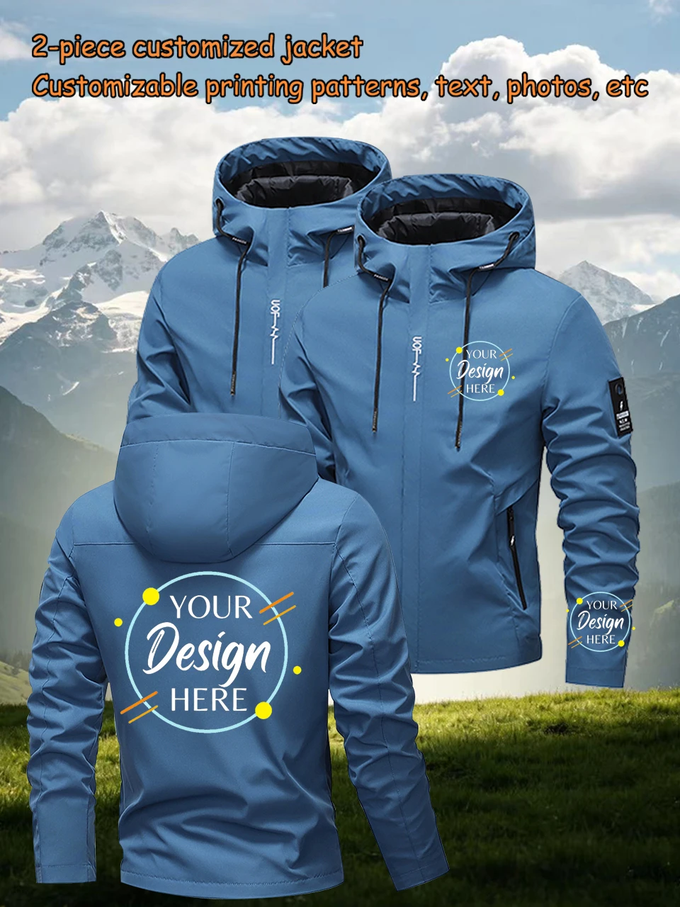 Men's jacket (2PCS), customizable men's hooded jacket, can upload patterns, text, photos for personalized jacket