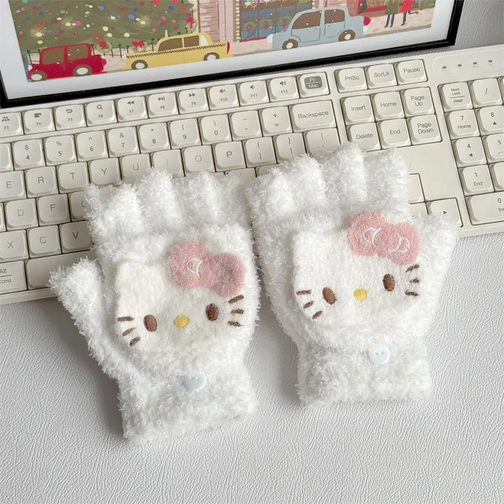 Miniso Hello Kitty Gloves Y2k Knitted Half Finger Flip Touchscreen Writing Gloves Student Coral Velvet Winter Embroidery Gloves