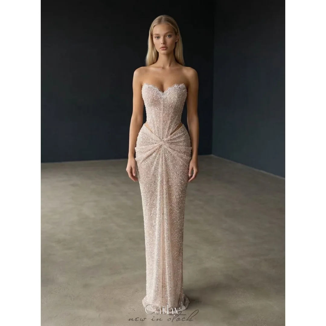 Robe de bal sirène Cathy personnalisée, exquise, sans bretelles, ornée de perles, avec découpes à la taille, longueur ras du sol, pour soirée formelle 2026