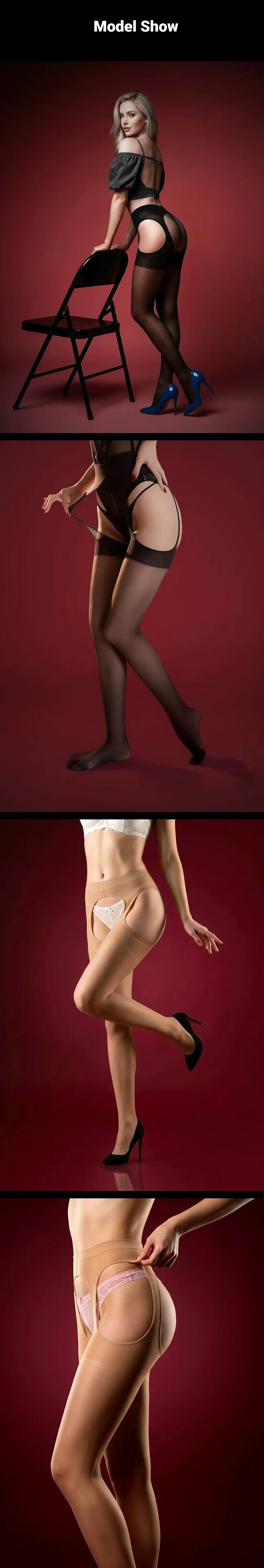 Sexy Strumpfhalter mit seitlicher Öffnung, weiche Strümpfe, oberschenkelhohe Strümpfe, offene Strumpfhosen, Dessous, transparente Damenstrumpfhose – Detail 5