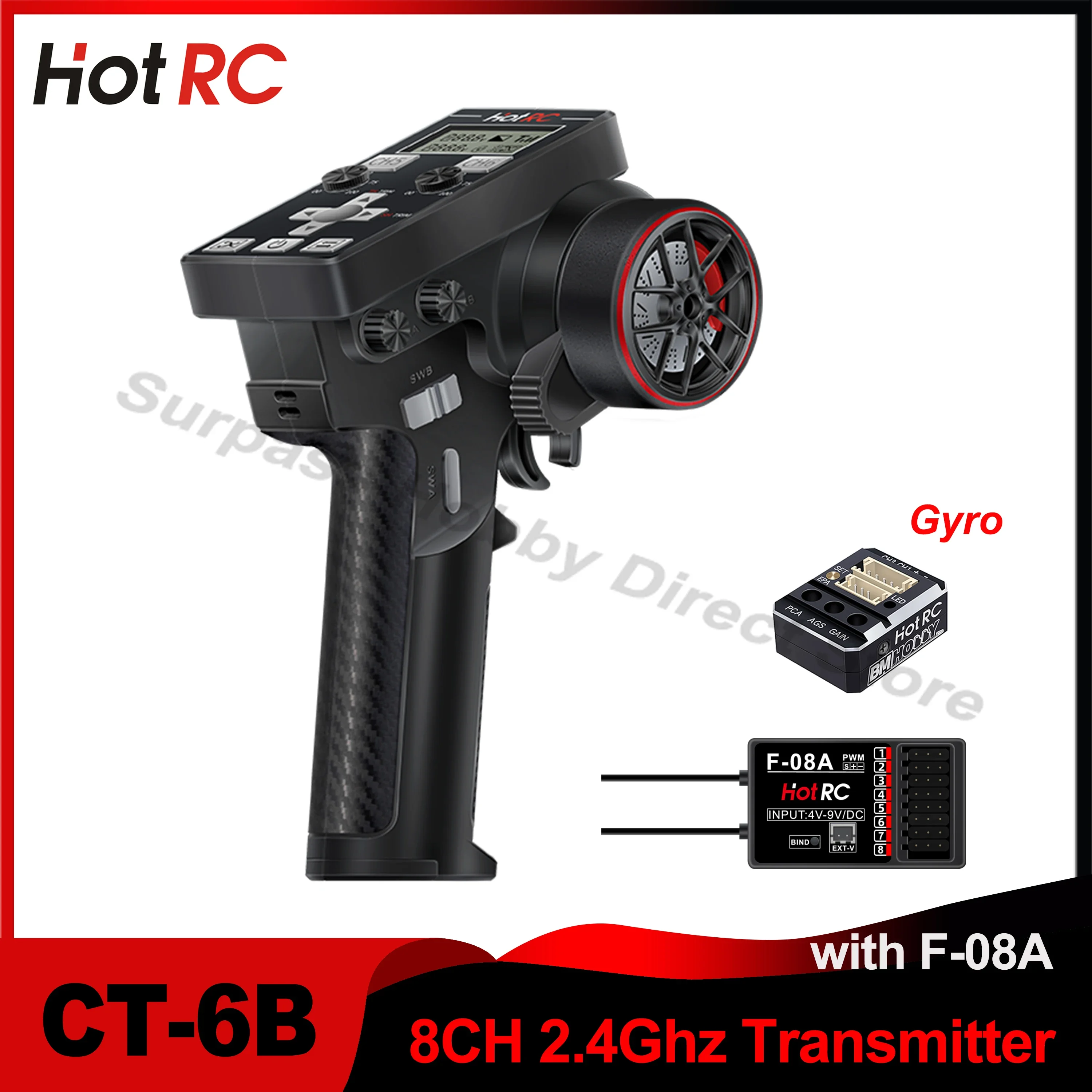 HOTRC CT-6B 8CH LCD Screen One-Hand Remote Control 2.4Ghz RC Transmitter with F-08A 8 Channel PWM Receiver Gyro for RC Car Boat