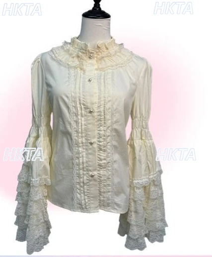 

Lolita Autumn Winter New Lace Splicing Ruffle Edge Horn Long Sleeved Stand Up Collar Shirt Sweet Slim Waist Top Blusas Women