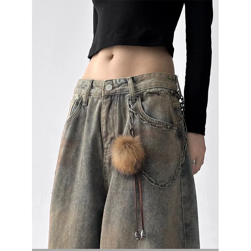 Y2K Vintage Jeans Herbst Winter Distressed Spray Washed Lose Gerade Bein Breite Bein Hosen Mode