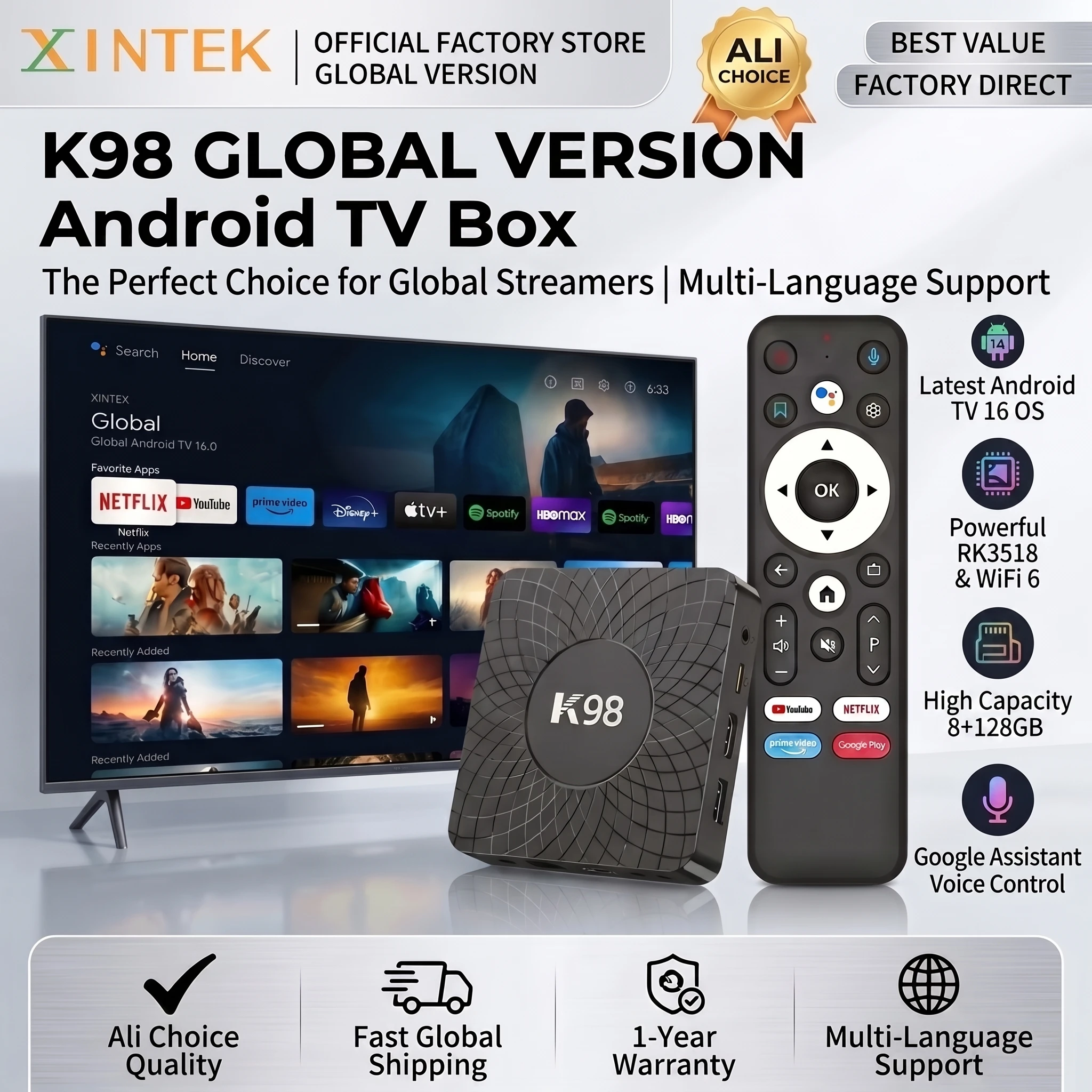 2026 Android16 Kowankit K98 TV Box 8GB RAM 128GB ROM RK3518 4K HDR Smart Tv Box 5G Wifi BT5.0 Voice Remote Set Top Box Home Use