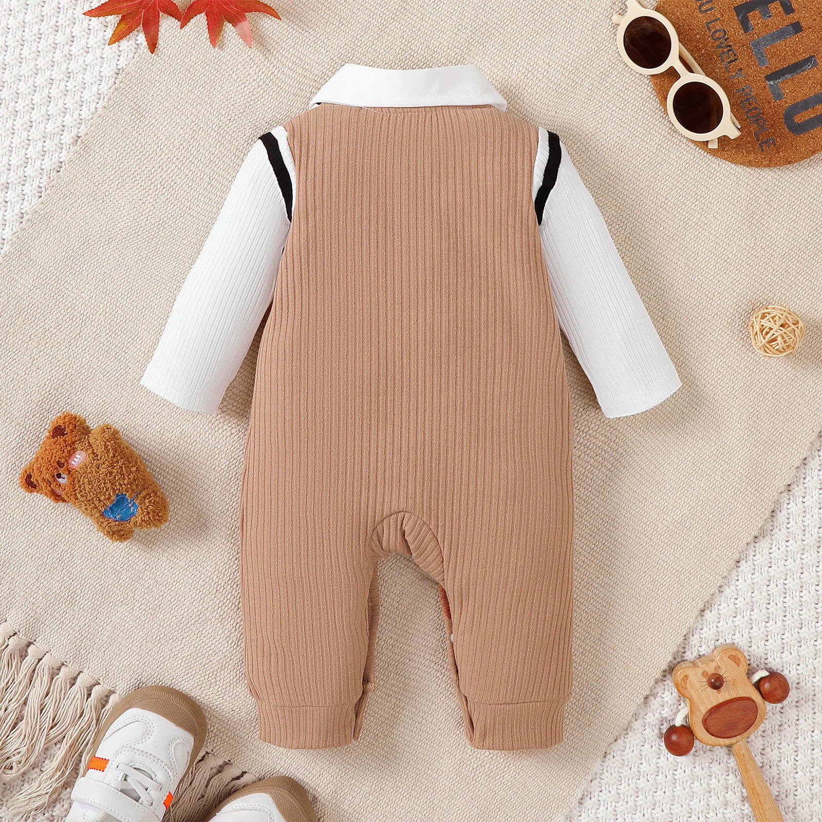 Baby Boy Small Gentleman Jumpsuit Cartoon Teddy Bear Long Sleeves Jumpsuit for 0-18 Month Baby Boys' Birthday Party Costumes