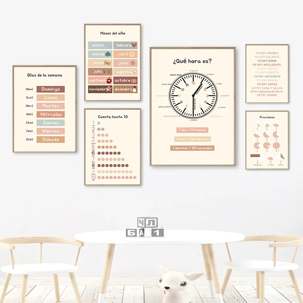 Spanish Language Study Abc Color Shape Number Wall Art Canvas Painting Nordic Posters and Prints Wall Pictures Classroom Decor
