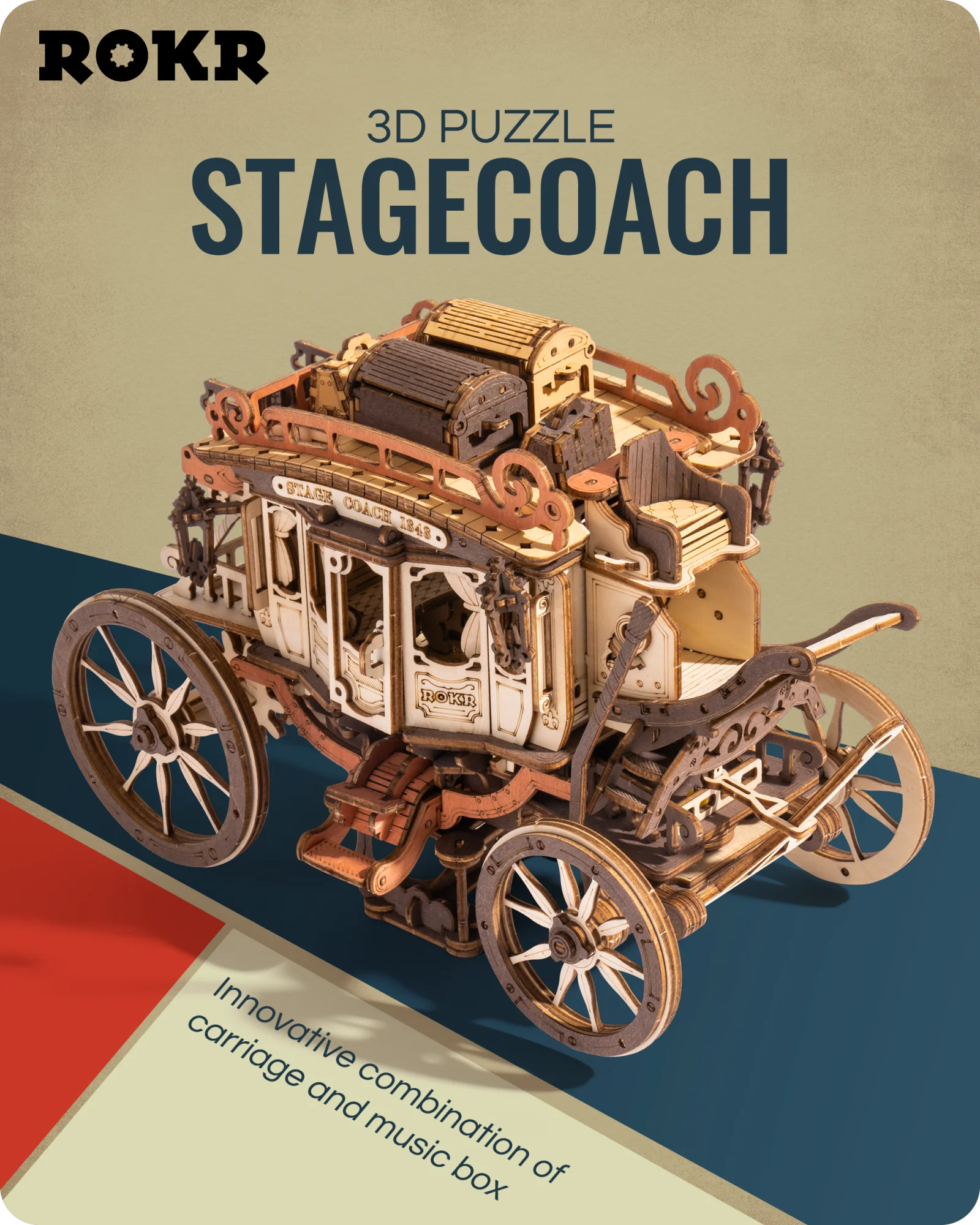 ROKR Wooden 3D Puzzle Stagecoach Mechanical Music Box Model Building Kit for Home Decor Brain Teasers DIY Jigsaw Craft Kit Birthday Gift for Adults Teens
