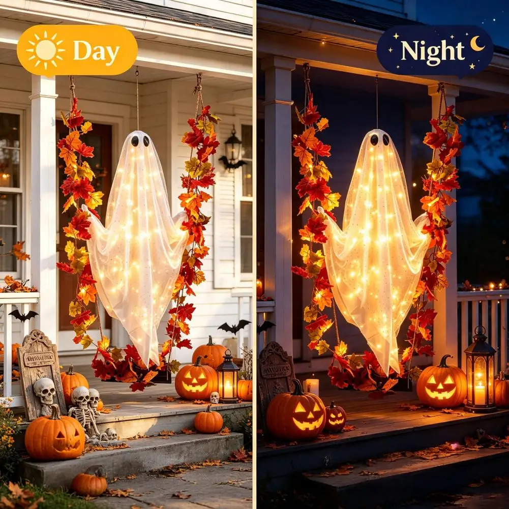 Remote Control Led Ghost Lights Swing Ghost for Yard Halloween Hanging Ghost Decor with Maple Leaf Vine Lights Remote for Yard