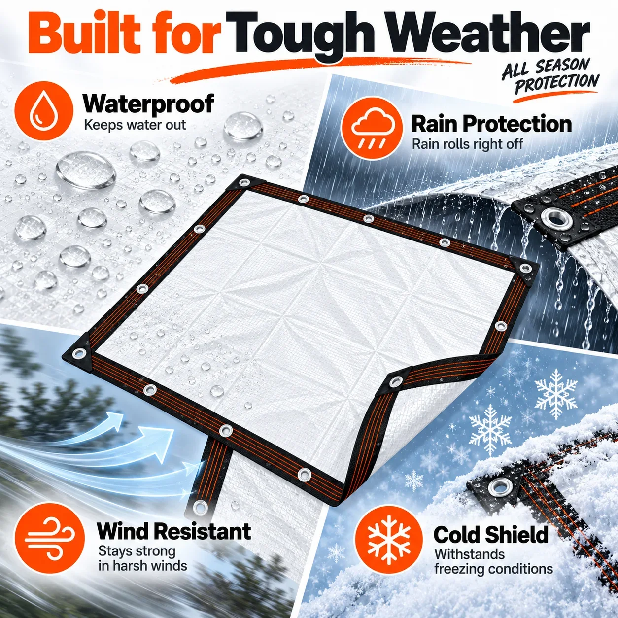 White Waterproof Woven Tarp 75gsm Rainproof Windproof Cold Protection Sheet Reinforced Eyelets for Patio Fence Car Cargo Plants