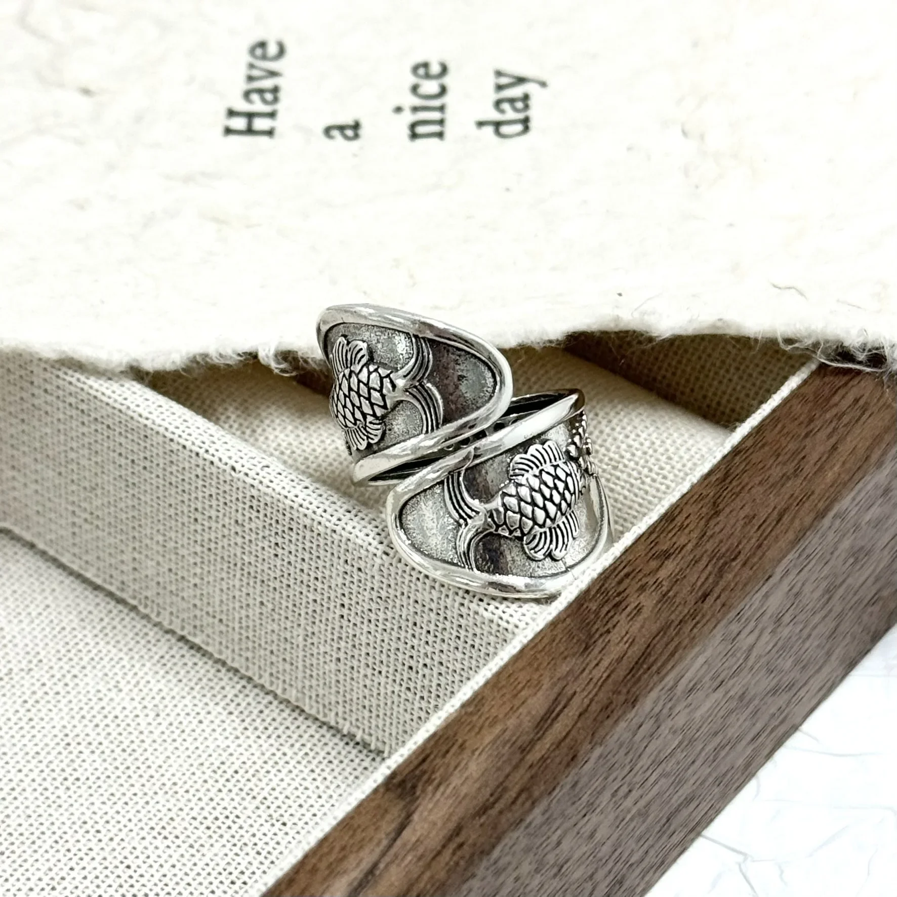 Retro Thai Silver Ring Popular Men's Personalized Ring Wide Edition Men's and Women's Index Finger Thai Silver Annual Fish Ring