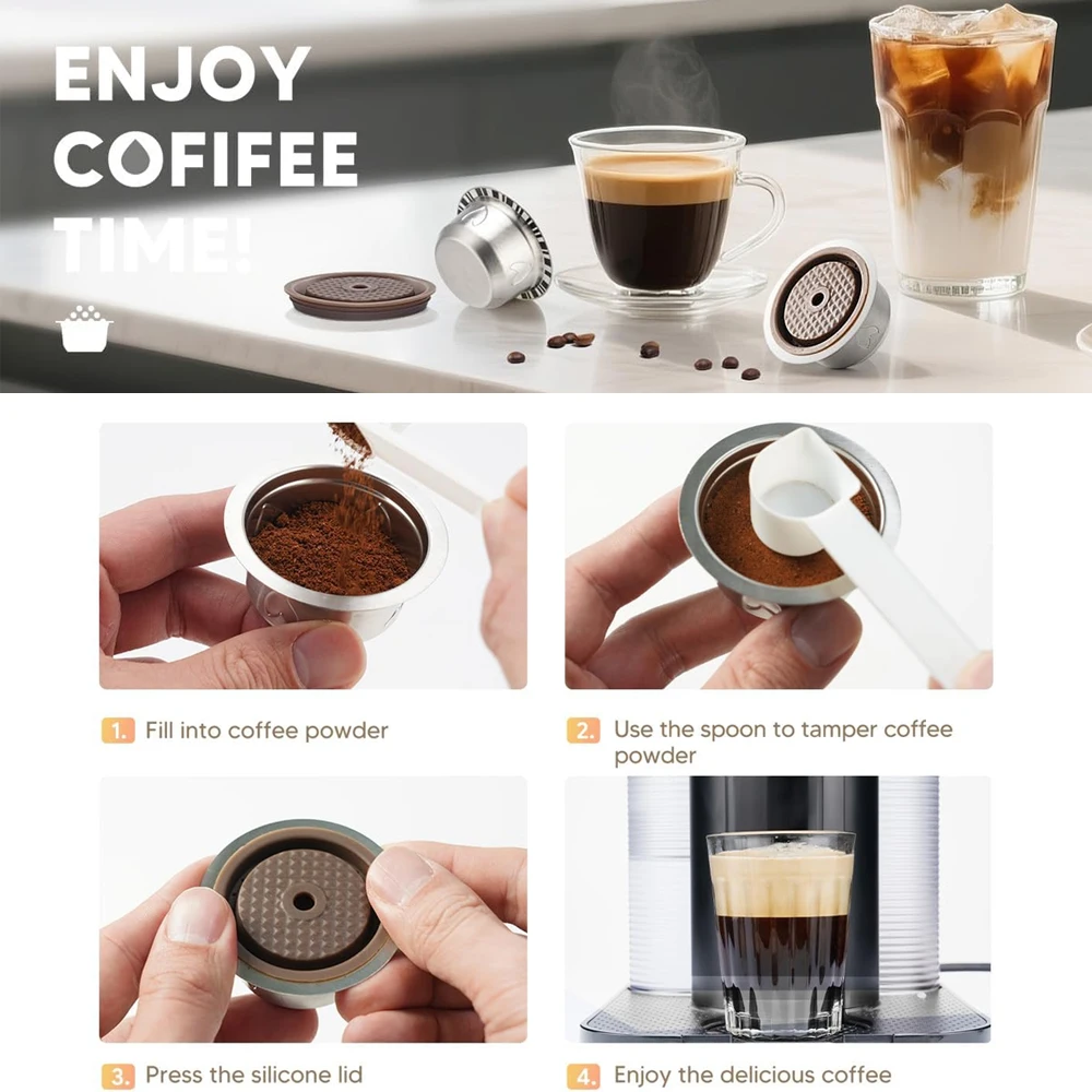 Icafilas Kaffeekapseln mit Silikondeckel und wiederverwendbarem Edelstahlbehälter für Nespresso Vertuo Kaffeemaschinen, fassen 12 g Pulver. – Detail 6