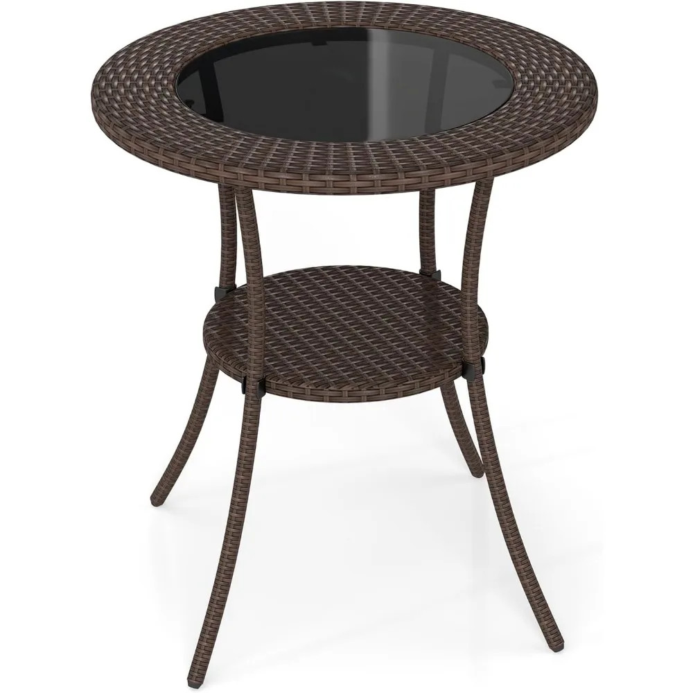 Tangkula 25.5" Wicker Patio Dining Table, Outdoor Round Bistro Side Table with Tempered Glass Top and Storage Shelf, for Balcony
