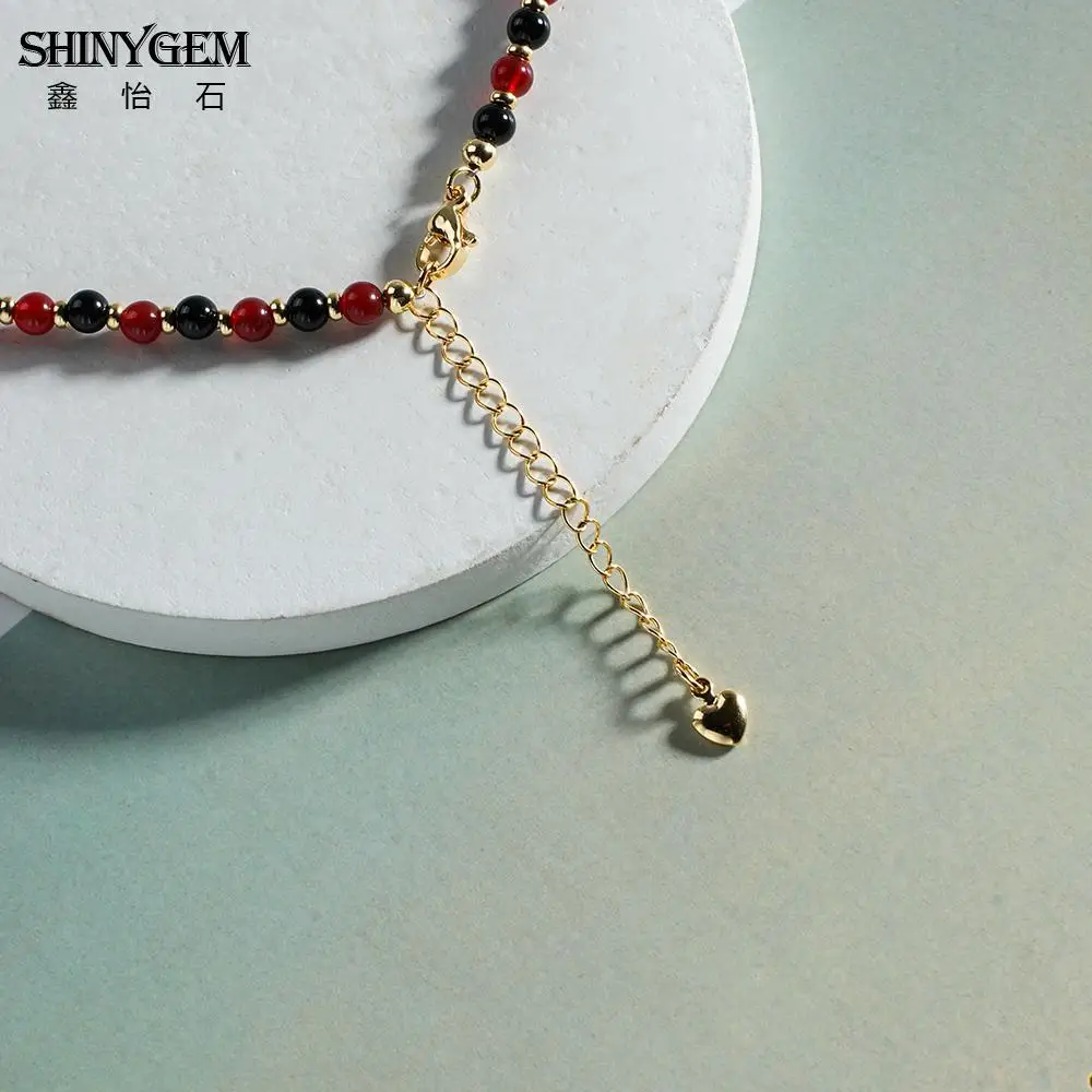 SHINYGEM 4mm Black&Red Agate Beaded Choker Necklace Feng Shui Adjustable Chain Fashion Jewelry Women Protective Energy Lucky