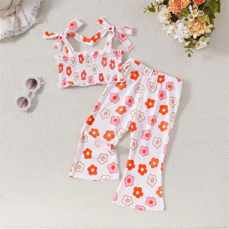 1-4 Years Summer Kids Girls Baby Sling Top+Straight-Leg Pant 2-Piece Sets Solid Color Cute Flounce Princess Casual Clothes Suit