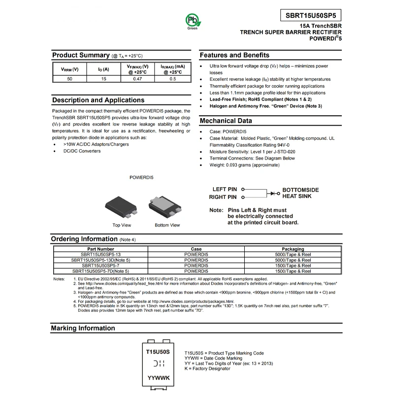 5 PCS SBRT15U50SP5-13 T15U50S PowerDI-5 Schottky Barrier Rectifier (SBR)
