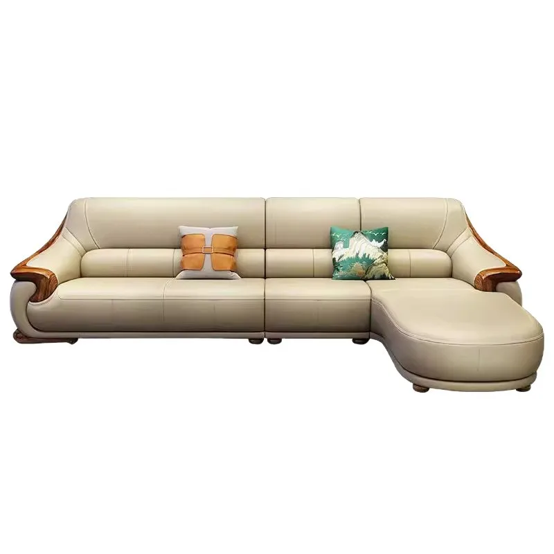 

Black gold wood leather sofa European top leather modern simple small apartment corner sofa new Chinese living room combination