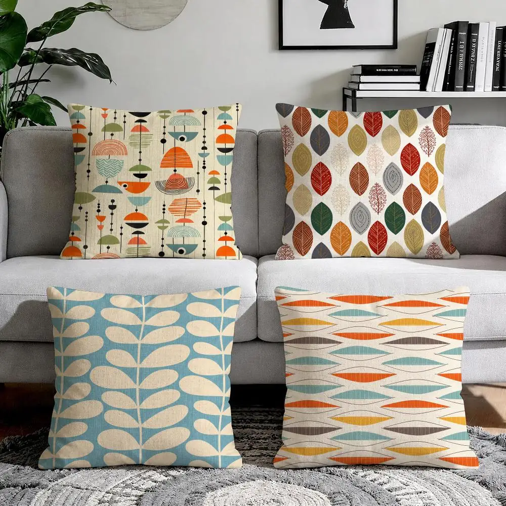 Mid Century Modern Cushion Cover Natural Breathable Durable Linen Printed Decor Pillow Case Sofa Bedroom