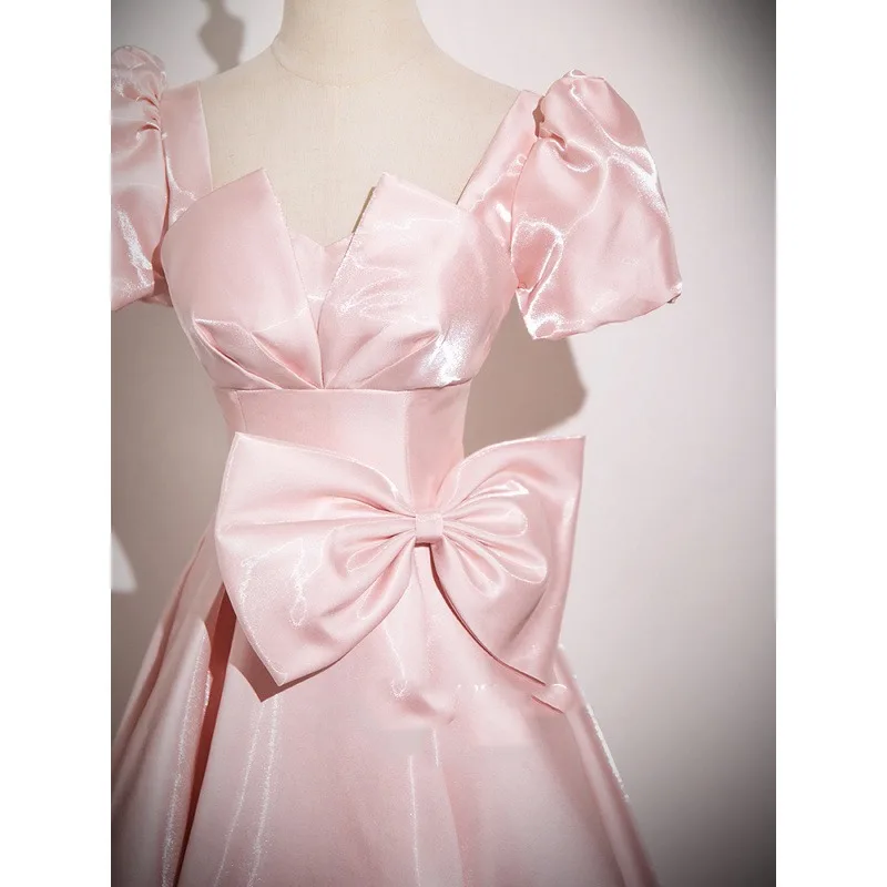 2025 New Women's Pink Satin Dress Fashionable, Slim and Elegant Annual Meeting Bow Decoration Long Back Strap Dress