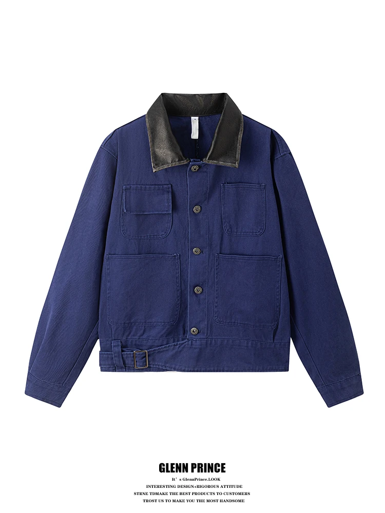 

ort Collared Jaet for Men with Multiple kets Color Blo Design Autumn Workwear Detroit Sle Cotton 00% Youth Faion