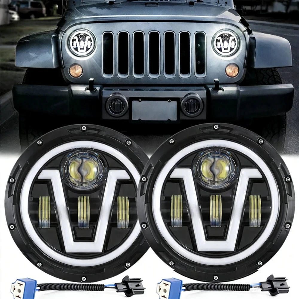 

7-дюймовая светодиодная фара для мотоцикла, автомобильная светодиодная фара DRL с ангельскими глазками для Harley, Honda, Yamaha, Jeep, Lada Niva Urban, H4