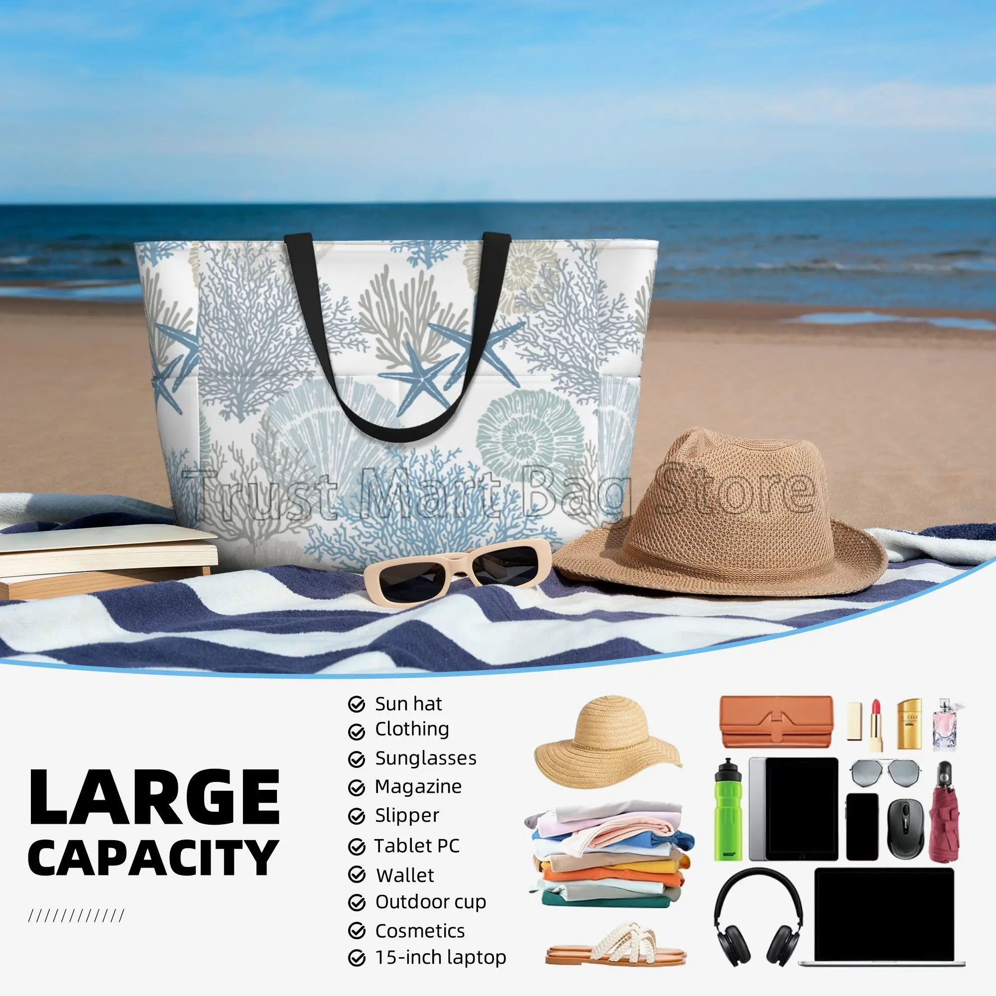 Summer Ocean Themed Seashell Coral Starfish Large Waterproof Beach Bag Women Sandproof Pool Tote Bag for Travel Vacation Swim